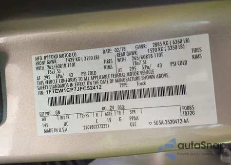 2018 Ford F150 Xlt z USA, uszkodzony, nr VIN 1FTEW1CP7JFC52412